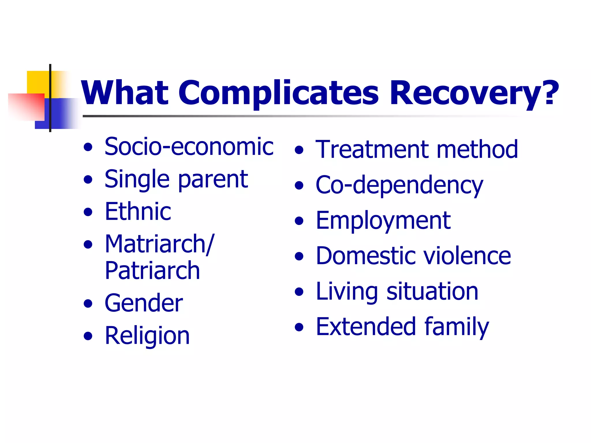 What Complicates Recovery?
• Socio-economic
• Single parent
• Ethnic
• Matriarch/
Patriarch
• Gender
• Religion
• Treatment method
• Co-dependency
• Employment
• Domestic violence
• Living situation
• Extended family
 
