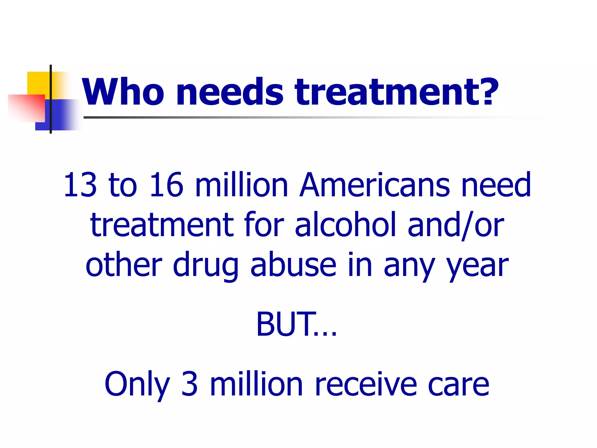 Who needs treatment?
13 to 16 million Americans need
treatment for alcohol and/or
other drug abuse in any year
BUT…
Only 3 million receive care
 