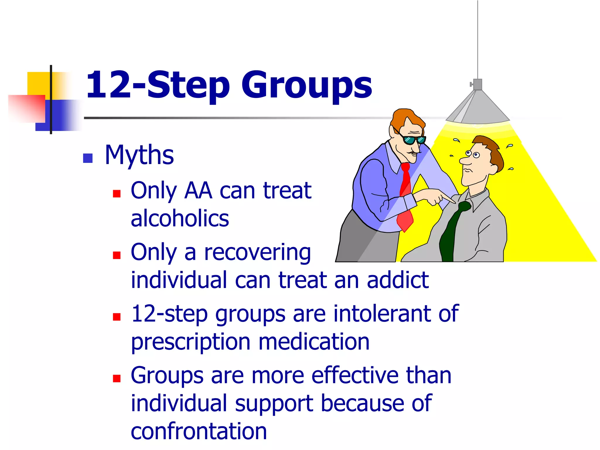 12-Step Groups
 Myths
 Only AA can treat
alcoholics
 Only a recovering
individual can treat an addict
 12-step groups are intolerant of
prescription medication
 Groups are more effective than
individual support because of
confrontation
 
