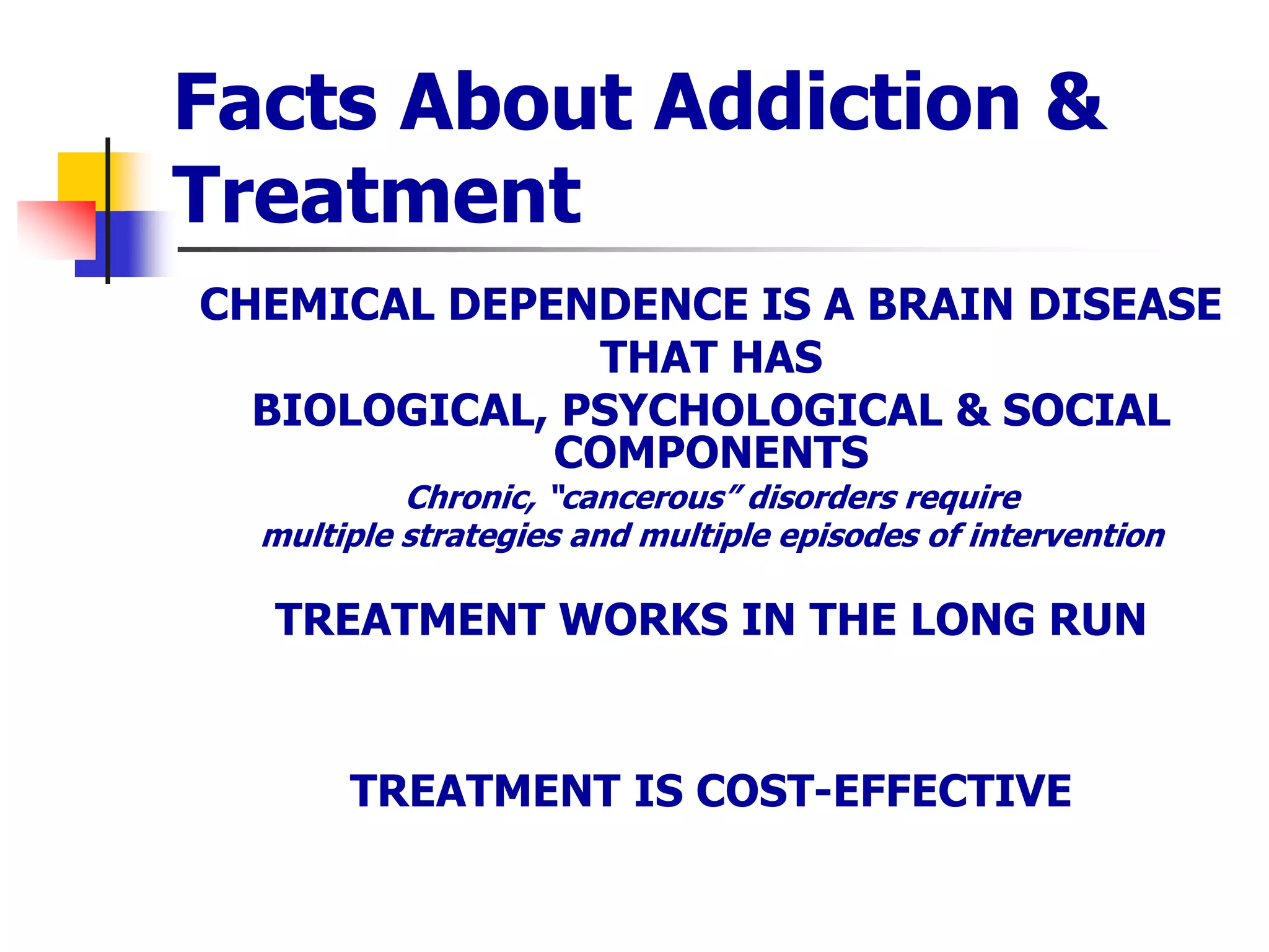 Facts About Addiction &
Treatment
CHEMICAL DEPENDENCE IS A BRAIN DISEASE
THAT HAS
BIOLOGICAL, PSYCHOLOGICAL & SOCIAL
COMPONENTS
Chronic, “cancerous” disorders require
multiple strategies and multiple episodes of intervention
TREATMENT WORKS IN THE LONG RUN
TREATMENT IS COST-EFFECTIVE
 