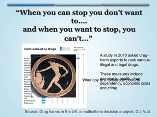 A study in 2010 asked drugharm experts to rank various
illegal and legal drugs.
These measures include
damage to health, drug
Wine boy at a Greek symposium
dependency, economic costs
and crime.

Source: Drug harms in the UK: a multicriteria decision analysis, D J Nutt

 