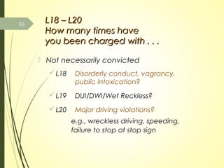 L18 – L20L18 – L20
How many times haveHow many times have
you been charged with . . .you been charged with . . .
 Not necessarily convicted
 L18 Disorderly conduct, vagrancy,
public intoxication?
 L19 DUI/DWI/Wet Reckless?
 L20 Major driving violations?
e.g., wreckless driving, speeding,
failure to stop at stop sign
83
 