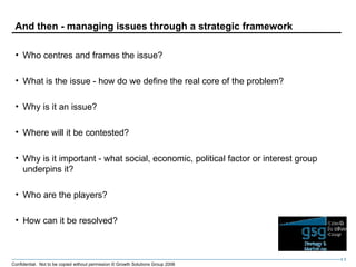 And then - managing issues through a strategic framework Who centres and frames the issue? What is the issue - how do we define the real core of the problem? Why is it an issue? Where will it be contested? Why is it important - what social, economic, political factor or interest group underpins it? Who are the players? How can it be resolved? 