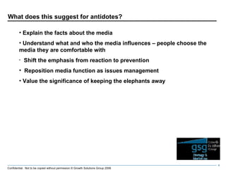 What does this suggest for antidotes? Explain the facts about the media Understand what and who the media influences – people choose the media they are comfortable with Shift the emphasis from reaction to prevention Reposition media function as issues management Value the significance of keeping the elephants away 