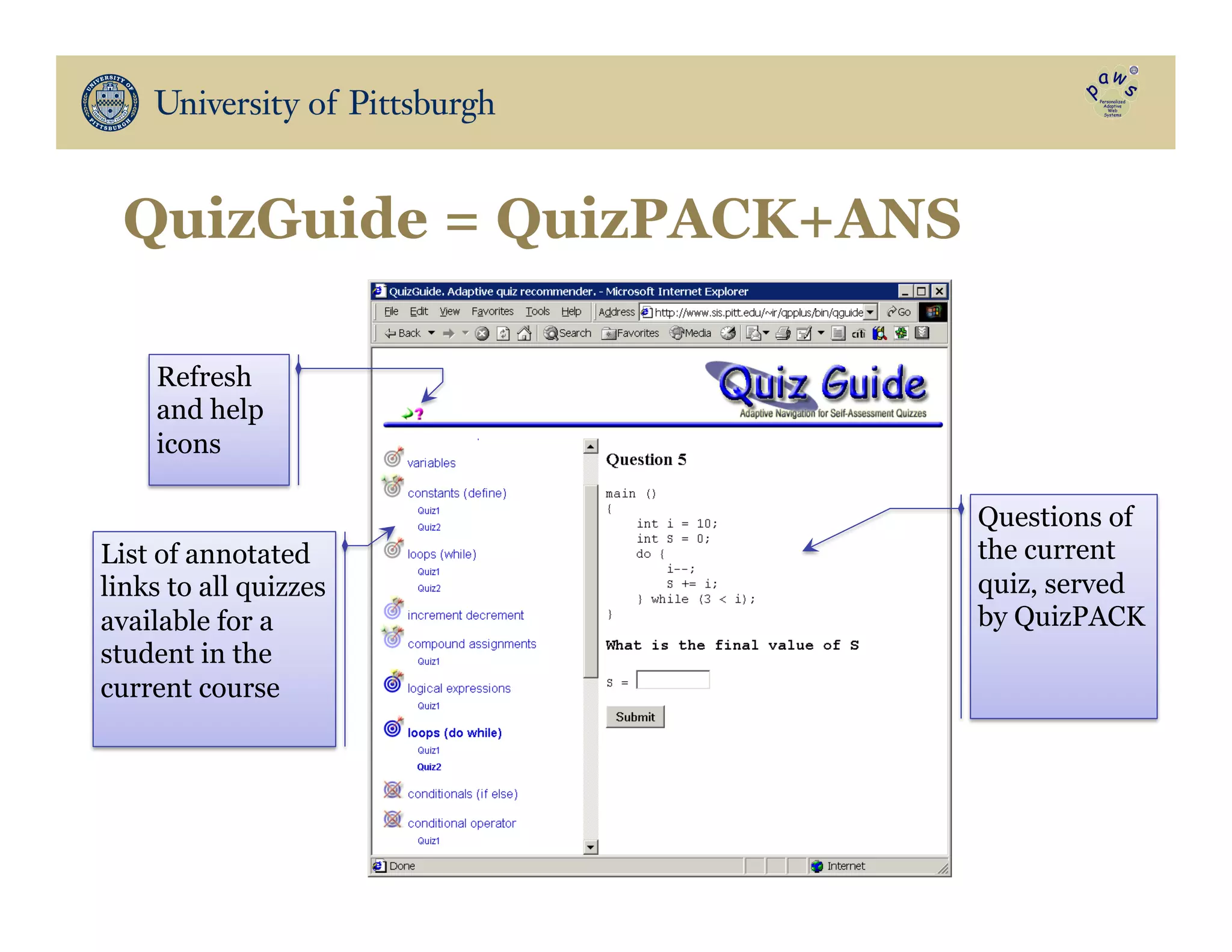 Questions of
the current
quiz, served
by QuizPACK
List of annotated
links to all quizzes
available for a
student in the
current course
Refresh
and help
icons
QuizGuide = QuizPACK+ANS
 