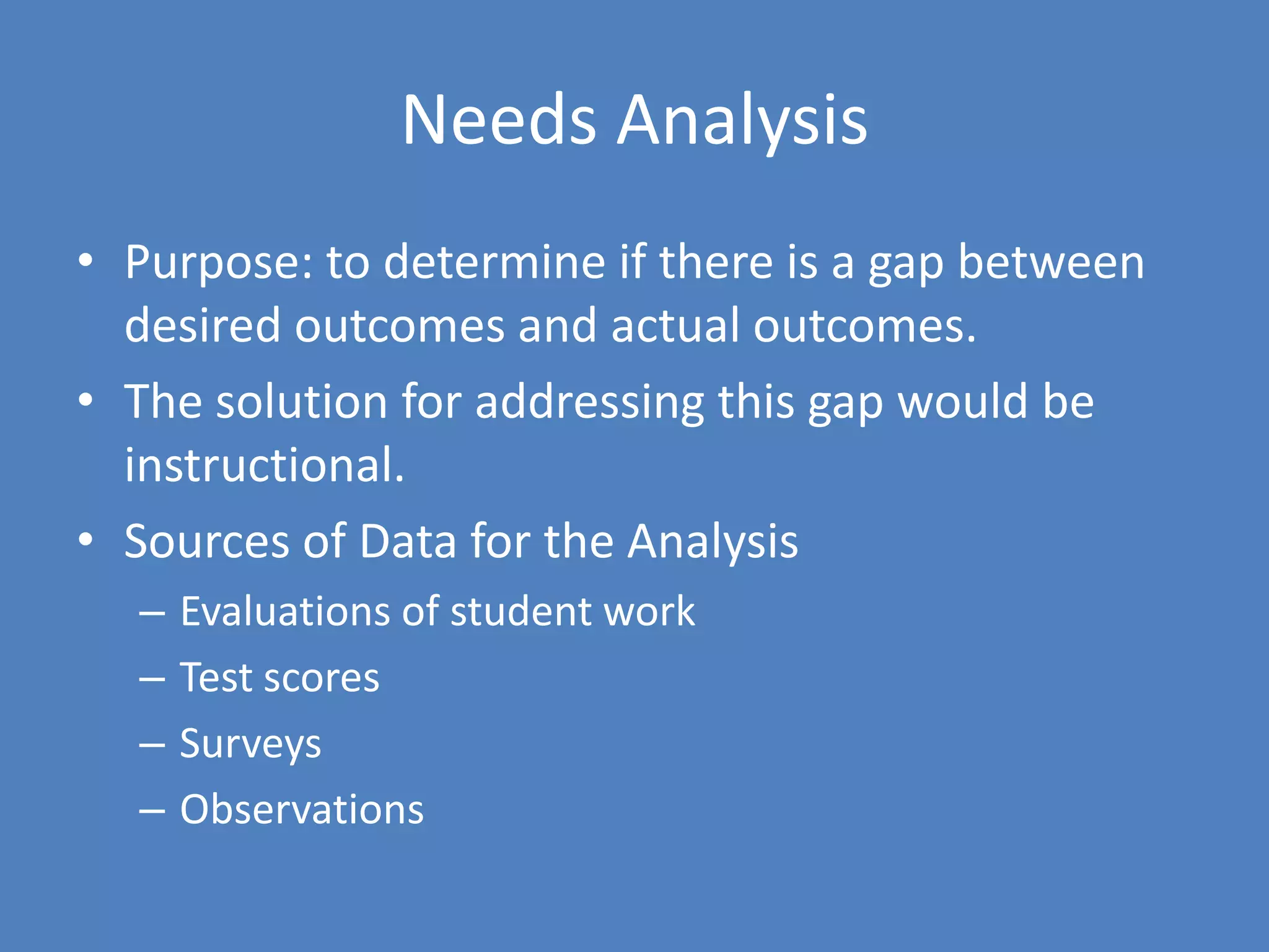 Needs AnalysisPurpose: to determine if there is a gap between desired outcomes and actual outcomes. The solution for addressing this gap would be instructional.Sources of Data for the AnalysisEvaluations of student workTest scoresSurveysObservations