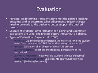 EvaluationPurpose: To determine if students have met the desired learning outcomes and to determine what adjustments and/or changes need to be made to the design to better support the desired results. Sources of Evidence: Both formative (on-going) and summative evaluations are used. The process occurs throughout all phases. Types of Evaluation (Gagne et. al., 2005)Materials: Did the student understand the materials? Did the student learn  from the materials? Did the student enjoy the materials?Process: Evaluation of all phases of the ADDIE processLearner Reactions: What are the students’ perceptions of the instruction?Learner Achievement: How well did students achieve objectives?Instructional Consequence: Can students apply what they have learned? (Did transfer occur?)