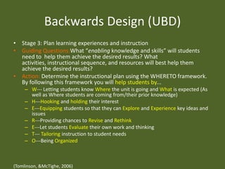 Backwards Design (UBD)Stage 3: Plan learning experiences and instructionGuiding Questions:What “enabling knowledge and skills” will students need to  help them achieve the desired results? What activities, instructional sequence, and resources will best help them achieve the desired results?Action: Determine the instructional plan using the WHERETO framework. By following this framework you will help students by...W--- Letting students know Where the unit is going and What is expected (As well as Where students are coming from/their prior knowledge)H---Hooking and holding their interestE---Equipping students so that they can Explore and Experience key ideas and issuesR---Providing chances to Revise and RethinkE---Let students Evaluate their own work and thinkingT--- Tailoring instruction to student needsO---Being Organized(Tomlinson, & McTighe, 2006)