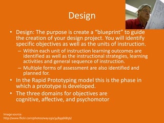 DesignDesign: The purpose is create a “blueprint” to guide the creation of your design project. You will identify specific objectives as well as the units of instruction. Within each unit of instruction learning outcomes are identified as well as the instructional strategies, learning activities and general sequence of instruction.Multiple forms of assessment are also identified and planned for.In the Rapid Prototyping model this is the phase in which a prototype is developed.The three domains for objectives are cognitive, affective, and psychomotorImage source: http://www.flickr.com/photos/way2go/3489966856/