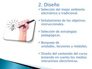 2. Diseño
 Selección del mejor ambiente
  electrónico o tradicional.

 Señalamiento de los objetivos
  instruccionales.

 Selección de estrategias
  pedagógicas.

 Bosquejo de
  unidades, lecciones y módulos.

 Diseño del contenido del curso
  teniendo en cuenta los medios
  interactivos electrónicos.
 