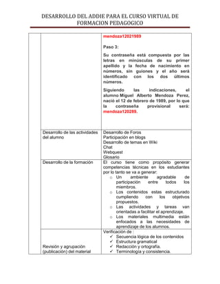 DESARROLLO DEL ADDIE PARA EL CURSO VIRTUAL DE
FORMACION PEDAGOGICO
mendoza12021989
Paso 3:
Su contraseña está compuesta por las
letras en minúsculas de su primer
apellido y la fecha de nacimiento en
números, sin guiones y el año será
identificado con los dos últimos
números.
Siguiendo las indicaciones, el
alumno Miguel Alberto Mendoza Perez,
nació el 12 de febrero de 1989, por lo que
la contraseña provisional será:
mendoza120289.
Desarrollo de las actividades
del alumno
Desarrollo de Foros
Participación en blogs
Desarrollo de temas en Wiki
Chat
Webquest
Glosario
Desarrollo de la formación El curso tiene como propósito generar
competencias técnicas en los estudiantes
por lo tanto se va a generar:
o Un ambiente agradable de
participación entre todos los
miembros.
o Los contenidos estas estructurado
cumpliendo con los objetivos
propuestos.
o Las actividades y tareas van
orientadas a facilitar el aprendizaje.
o Los materiales multimedia están
enfocados a las necesidades de
aprendizaje de los alumnos.
Revisión y agrupación
(publicación) del material
Verificación de :
 Secuencia lógica de los contenidos
 Estructura gramatical
 Redacción y ortografía.
 Terminología y consistencia.
 