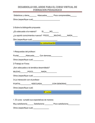 DESARROLLO DEL ADDIE PARA EL CURSO VIRTUAL DE
FORMACION PEDAGOGICO
Didácticos y claros_______ Adecuados______ Poco comprensibles______
Otros (especifique cual)__________________________
2-Sobre la bibliografía propuesta
¿Es adecuada a la materia? SI______NO______
¿Le aportó conocimientos nuevos? POCO_____MUCHO______NADA_____
Otro (especifique cual) ________________________
1-Respuestas del profesor:
Puntal_______Adecuada_____ Con demoras___________
Otros (especifique cual) __________
2-Trabajo en Foros:
¡Son adecuados a la temática desarrollada?
MUCHO_______POCO________NADA__________
Otros (especifique cual) _____________________________________
3-La interacción con el profesor
PUNTAL__________ ADECUADA__________CON DEMORAS______________
Otros (especifique cual)
1. El curso cumplió sus expectativas de manera:
Muy satisfactoria______ Satisfactoria ________ Poco satisfactoria___________
Otros (especifique cual) _______________
La comunicación
El curso
 
