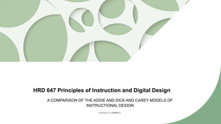 HRD 647 Principles of Instruction and Digital Design
A COMPARISON OF THE ADDIE AND DICK AND CAREY MODELS OF
INSTRUCTIONAL DESIGN
CECILEA. CAMPBELL
 
