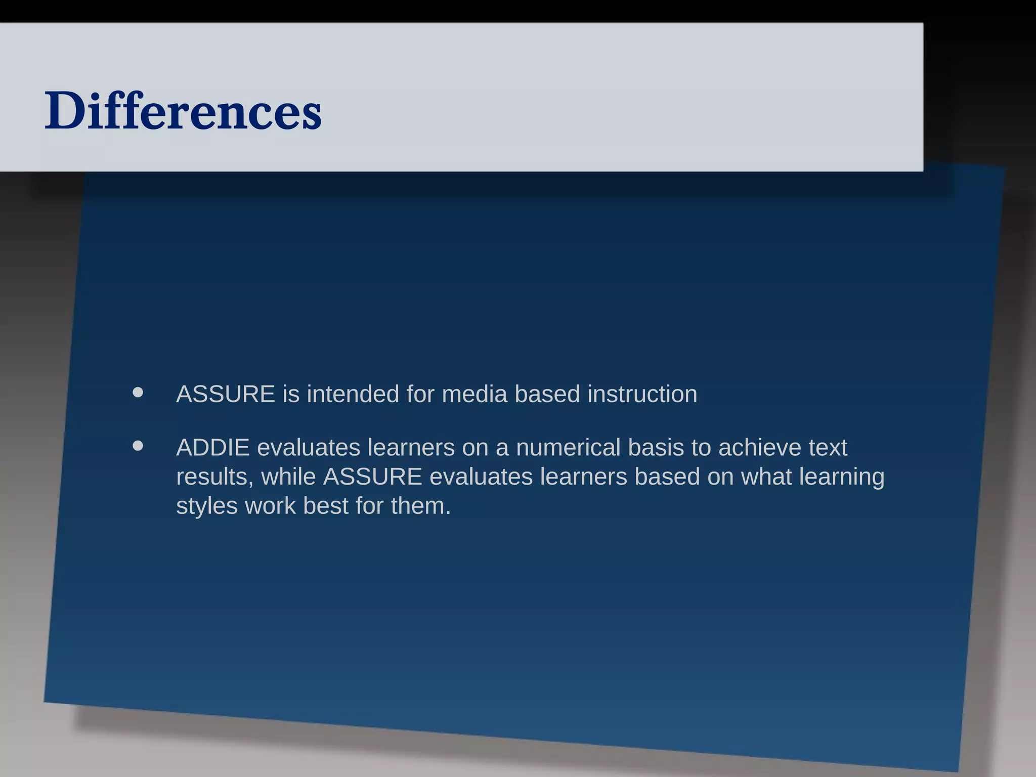 Differences




   •   ASSURE is intended for media based instruction

   •   ADDIE evaluates learners on a numerical basis to achieve text
       results, while ASSURE evaluates learners based on what learning
       styles work best for them.
 
