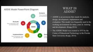 WHAT IS
ADDIE?
• ADDIE is an acronyms that stands for analysis,
design, development, implantation and
evaluation. This model was frequently used in the
working environment for many years in training
and development. (Kopp,2014).
• The ADDIE Model was created in 1975 by the
Center of Educational Technology in the Florida
State University (Kopp, 2014).
 