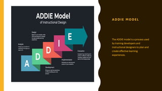 The ADDIE model is a process used
by training developers and
instructional designers to plan and
create effective learning
experiences.
A D D I E M O D E L
 