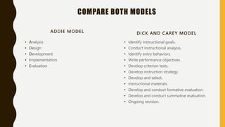COMPARE BOTH MODELS
ADDIE MODEL
• Analysis
• Design
• Development
• Implementation
• Evaluation
DICK AND CAREY MODEL
• Identify instructional goals.
• Conduct instructional analysis.
• Identify entry behaviors.
• Write performance objectives.
• Develop criterion tests.
• Develop instruction strategy.
• Develop and select.
• Instructional materials.
• Develop and conduct formative evaluation.
• Develop and conduct summative evaluation.
• Ongoing revision.
 