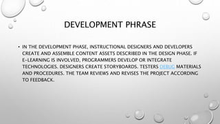 DEVELOPMENT PHRASE
• IN THE DEVELOPMENT PHASE, INSTRUCTIONAL DESIGNERS AND DEVELOPERS
CREATE AND ASSEMBLE CONTENT ASSETS DESCRIBED IN THE DESIGN PHASE. IF
E-LEARNING IS INVOLVED, PROGRAMMERS DEVELOP OR INTEGRATE
TECHNOLOGIES. DESIGNERS CREATE STORYBOARDS. TESTERS DEBUG MATERIALS
AND PROCEDURES. THE TEAM REVIEWS AND REVISES THE PROJECT ACCORDING
TO FEEDBACK.
 