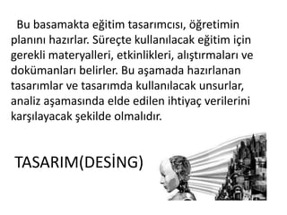 TASARIM(DESİNG)
Bu basamakta eğitim tasarımcısı, öğretimin
planını hazırlar. Süreçte kullanılacak eğitim için
gerekli materyalleri, etkinlikleri, alıştırmaları ve
dokümanları belirler. Bu aşamada hazırlanan
tasarımlar ve tasarımda kullanılacak unsurlar,
analiz aşamasında elde edilen ihtiyaç verilerini
karşılayacak şekilde olmalıdır.
 