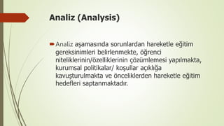 Analiz (Analysis)
Analiz aşamasında sorunlardan hareketle eğitim
gereksinimleri belirlenmekte, öğrenci
niteliklerinin/özelliklerinin çözümlemesi yapılmakta,
kurumsal politikalar/ koşullar açıklığa
kavuşturulmakta ve önceliklerden hareketle eğitim
hedefleri saptanmaktadır.
 