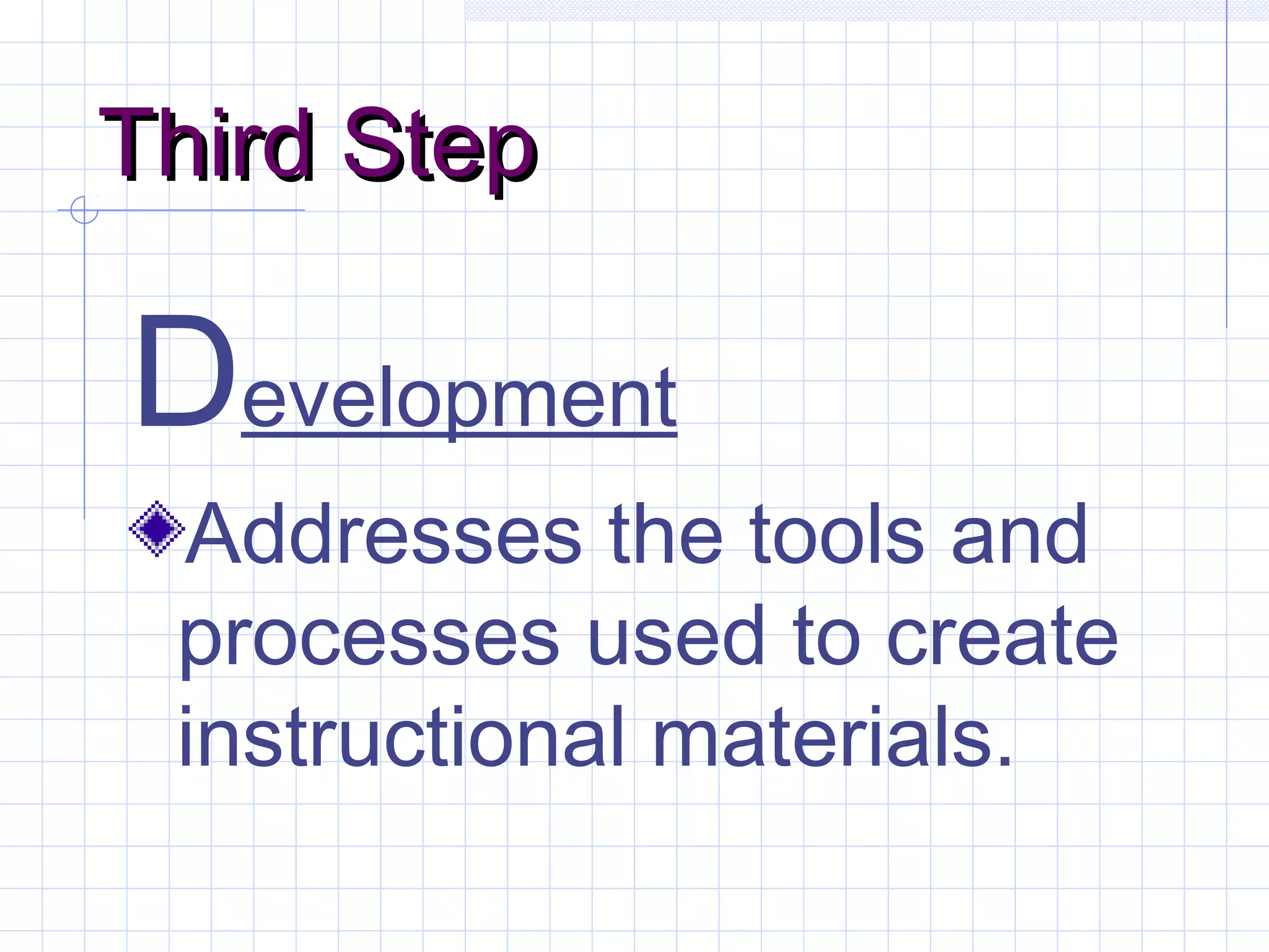 Third StepThird Step
Development
Addresses the tools and
processes used to create
instructional materials.
 
