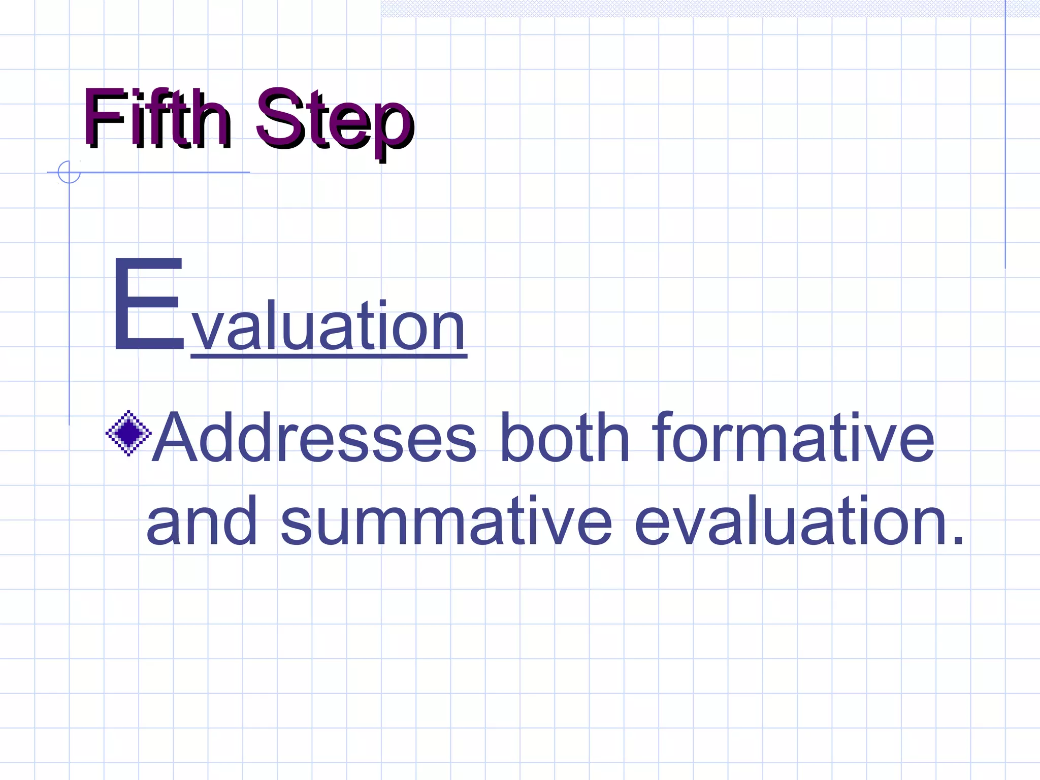 Fifth StepFifth Step
Evaluation
Addresses both formative
and summative evaluation.
 