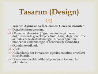 
Tasarım Aşamasında İncelenmesi Gereken Unsurlar:
 Değerlendirme araçları,
 Öğrenme bileşenleri ( öğrenmenin hangi ilkeler
doğrultusunda gerçekleşeceğinin, hangi değerlendirme
aktiviteleri ile destekleneceğinin, hangi öğrenme
modelinin kullanılacağının belirlendiği aşamadır.)
 Öğretim teknikleri,
 İçerik,
 Kullanılacak her bir tasarım öğesinden sahne örnekleri
(storyboard),
 Ders sonunda elde edilmesi planlanan kazanımlar
şeklindedir.
Tasarım (Design)
 