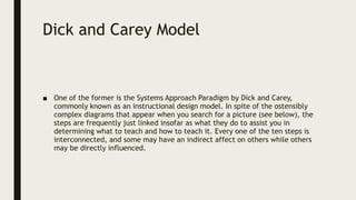 Dick and Carey Model
■ One of the former is the Systems Approach Paradigm by Dick and Carey,
commonly known as an instructional design model. In spite of the ostensibly
complex diagrams that appear when you search for a picture (see below), the
steps are frequently just linked insofar as what they do to assist you in
determining what to teach and how to teach it. Every one of the ten steps is
interconnected, and some may have an indirect affect on others while others
may be directly influenced.
 