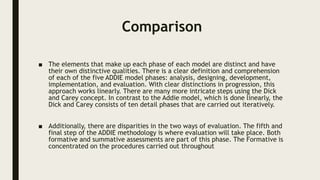 Comparison
■ The elements that make up each phase of each model are distinct and have
their own distinctive qualities. There is a clear definition and comprehension
of each of the five ADDIE model phases: analysis, designing, development,
implementation, and evaluation. With clear distinctions in progression, this
approach works linearly. There are many more intricate steps using the Dick
and Carey concept. In contrast to the Addie model, which is done linearly, the
Dick and Carey consists of ten detail phases that are carried out iteratively.
■ Additionally, there are disparities in the two ways of evaluation. The fifth and
final step of the ADDIE methodology is where evaluation will take place. Both
formative and summative assessments are part of this phase. The Formative is
concentrated on the procedures carried out throughout
 