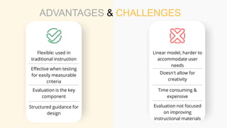 Flexible: used in
traditional instruction
Effective when testing
for easily measurable
criteria
Evaluation is the key
component
Structured guidance for
design
Linear model, harder to
accommodate user
needs
Time consuming &
expensive
Doesn't allow for
creativity
Evaluation not focused
on improving
instructional materials
ADVANTAGES & CHALLENGES
 
