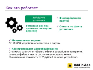 Как это работает
Заводские
установки
 Фиксированная
партия
 Оплата по факту
установки
Установка apk при
производстве партии
девайсов
 Минимальная партия
От 10 000 устройств одного типа в партии
 Как происходит ценообразование
Стоимость зависит от общего объема устройств в контракте,
размера файла и места расположения приложения.
Минимальная стоимость от 7 рублей за одно устройство.
 