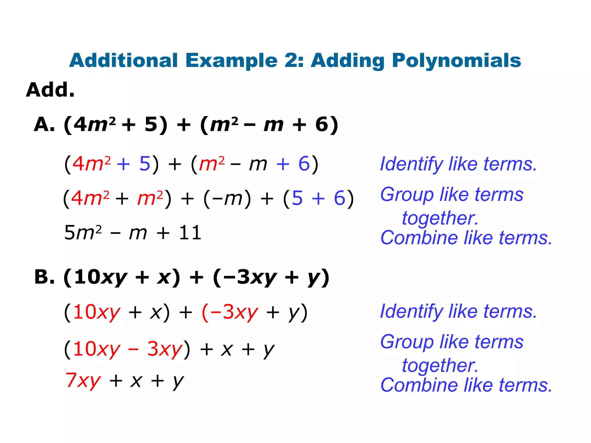 Adding and subtracting polynomials | PPT