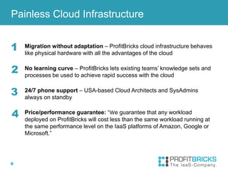 9
Migration without adaptation – ProfitBricks cloud infrastructure behaves
like physical hardware with all the advantages of the cloud
No learning curve – ProfitBricks lets existing teams’ knowledge sets and
processes be used to achieve rapid success with the cloud
24/7 phone support – USA-based Cloud Architects and SysAdmins
always on standby
Price/performance guarantee: “We guarantee that any workload
deployed on ProfitBricks will cost less than the same workload running at
the same performance level on the IaaS platforms of Amazon, Google or
Microsoft.”
Painless Cloud Infrastructure
1
2
3
4
 
