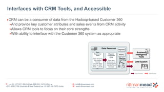 T : +44 (0) 1273 911 268 (UK) or (888) 631-1410 (USA) or  
+61 3 9596 7186 (Australia & New Zealand) or +91 997 256 7970 (India)
E : info@rittmanmead.com
W : www.rittmanmead.com
Interfaces with CRM Tools, and Accessible
‣CRM can be a consumer of data from the Hadoop-based Customer 360
‣And provide key customer attributes and sales events from CRM activity
‣Allows CRM tools to focus on their core strengths
‣With ability to interface with the Customer 360 system as appropriate
Data Reservoir
 
Business
Intelligence
Tools
CRM System
Models
Machine 
Learning
Segments
Raw  
Customer
Data
Data stored in
the original
format
(usually files)
such as SS7,
ASN.1, JSON
etc.
Mapped
Customer
Data
Data sets
produced by
mapping and
transforming
raw data
Data Transfer Data Access
 