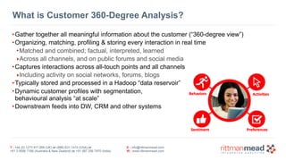 T : +44 (0) 1273 911 268 (UK) or (888) 631-1410 (USA) or  
+61 3 9596 7186 (Australia & New Zealand) or +91 997 256 7970 (India)
E : info@rittmanmead.com
W : www.rittmanmead.com
What is Customer 360-Degree Analysis?
•Gather together all meaningful information about the customer (“360-degree view”)
•Organizing, matching, profiling & storing every interaction in real time
•Matched and combined; factual, interpreted, learned
‣Across all channels, and on public forums and social media
•Captures interactions across all-touch points and all channels
‣Including activity on social networks, forums, blogs
•Typically stored and processed in a Hadoop “data reservoir”
•Dynamic customer profiles with segmentation,  
behavioural analysis “at scale”
•Downstream feeds into DW, CRM and other systems
 