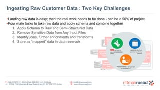 T : +44 (0) 1273 911 268 (UK) or (888) 631-1410 (USA) or  
+61 3 9596 7186 (Australia & New Zealand) or +91 997 256 7970 (India)
E : info@rittmanmead.com
W : www.rittmanmead.com
•Landing raw data is easy; then the real work needs to be done - can be > 90% of project
•Four main tasks to take raw data and apply schema and combine together
1. Apply Schema to Raw and Semi-Structured Data
2. Remove Sensitive Data from Any Input Files
3. Identify joins, further enrichments and transforms
4. Store as “mapped” data in data reservoir
Ingesting Raw Customer Data : Two Key Challenges
 