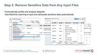 T : +44 (0) 1273 911 268 (UK) or (888) 631-1410 (USA) or  
+61 3 9596 7186 (Australia & New Zealand) or +91 997 256 7970 (India)
E : info@rittmanmead.com
W : www.rittmanmead.com
Step 2: Remove Sensitive Data from Any Input Files
•Automatically profile and analyse datasets
•Use Machine Learning to spot and obfuscate sensitive data automatically
 