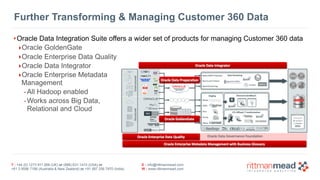T : +44 (0) 1273 911 268 (UK) or (888) 631-1410 (USA) or  
+61 3 9596 7186 (Australia & New Zealand) or +91 997 256 7970 (India)
E : info@rittmanmead.com
W : www.rittmanmead.com
Further Transforming & Managing Customer 360 Data
•Oracle Data Integration Suite offers a wider set of products for managing Customer 360 data
‣Oracle GoldenGate
‣Oracle Enterprise Data Quality
‣Oracle Data Integrator
‣Oracle Enterprise Metadata  
Management
-All Hadoop enabled
-Works across Big Data, 
Relational and Cloud
 