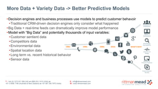 T : +44 (0) 1273 911 268 (UK) or (888) 631-1410 (USA) or  
+61 3 9596 7186 (Australia & New Zealand) or +91 997 256 7970 (India)
E : info@rittmanmead.com
W : www.rittmanmead.com
•Decision engines and business processes use models to predict customer behavoir
•Traditional CRM-driven decision engines only consider what happened
•Big Data + real-time feeds can dramatically improve model performance
•Model with “Big Data” and potentially thousands of input variables:
•Customer sentient data
•Competitors data
•Environmental data
•Spatial location data
•Long term vs. recent historical behavior
•Sensor data
More Data + Variety Data -> Better Predictive Models
1980s 1990s 2000s 2010s
Empowered
Employees
Digital	is
Humanized
Knowledge
Everywhere
Internet	of
Things
Mobile	as	
Primary	Channel
Cross-Channel
Service
WHAT’S	NEXT
 