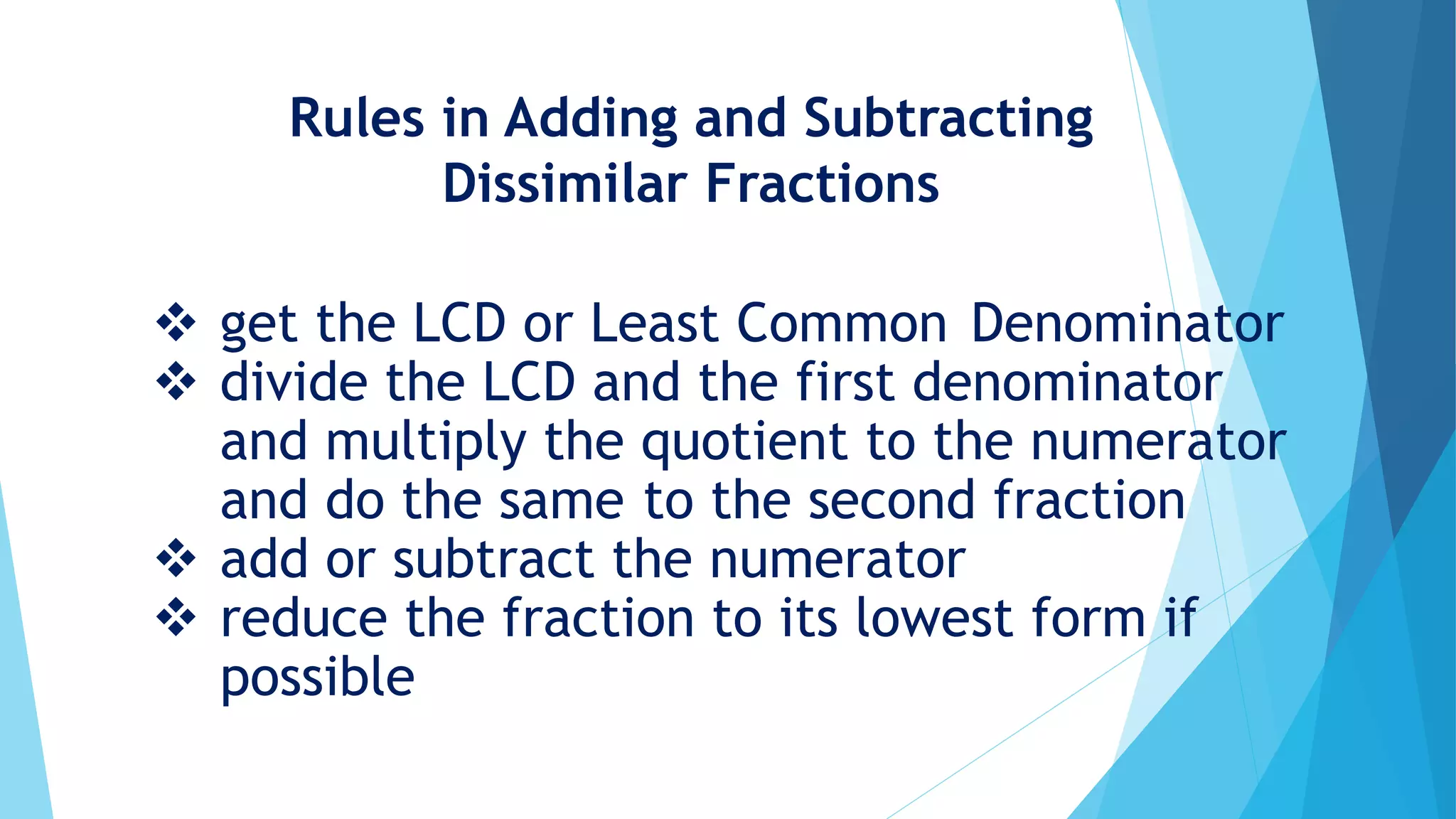 Adding and subtracting dissimilar fractions | PPTX