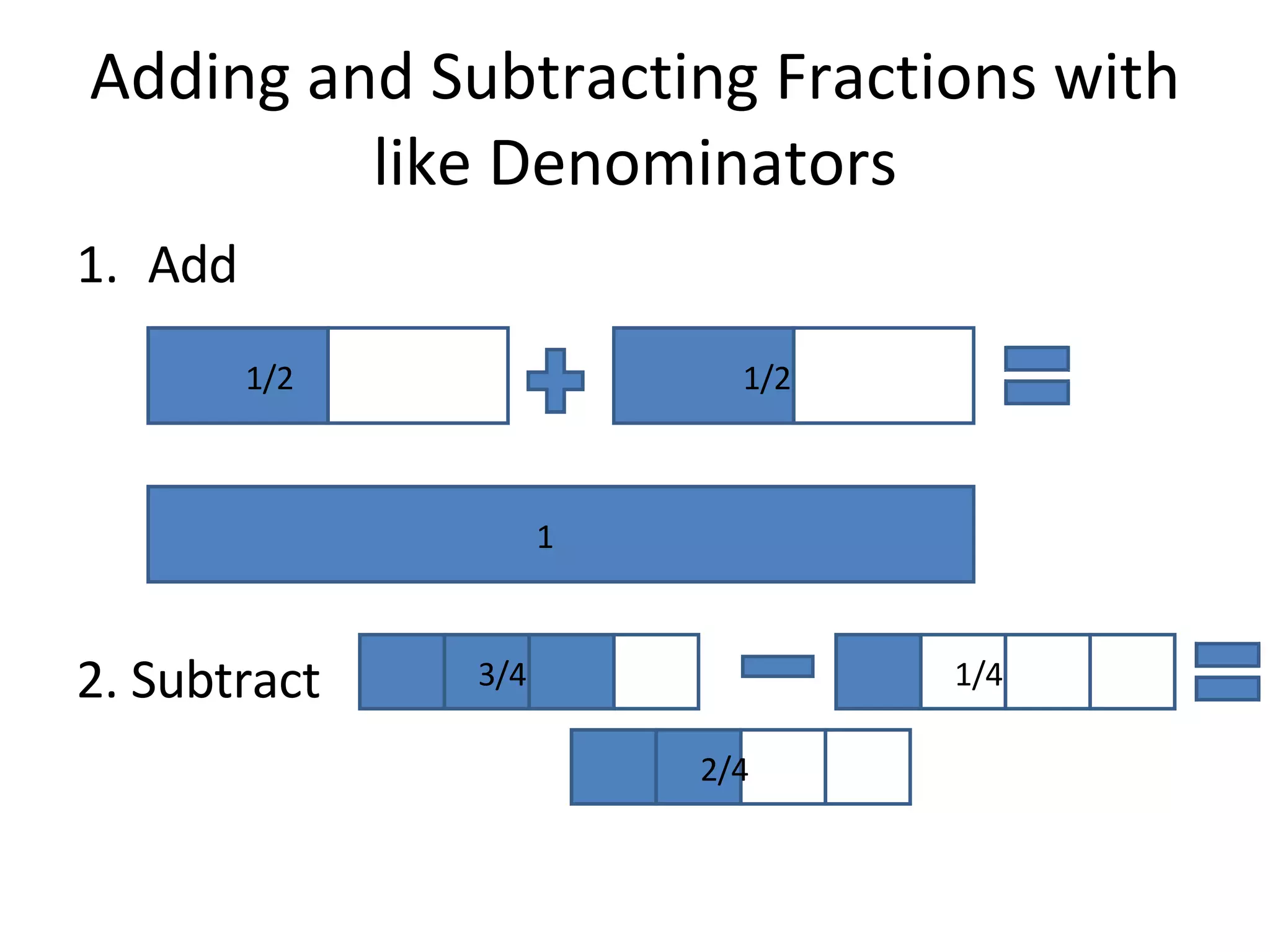 Adding and Subtracting Fractions with like Denominators Add 2. Subtract 1/2 1/2 1 3/4 1/4 2/4