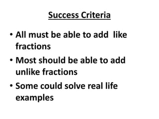 Success Criteria
• All must be able to add like
fractions
• Most should be able to add
unlike fractions
• Some could solve real life
examples
 