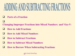 ADDING AND SUBTRACTING FRACTIONS ,[object Object],[object Object],[object Object],[object Object],[object Object],[object Object],[object Object],6 th  Grade  HomePage 
