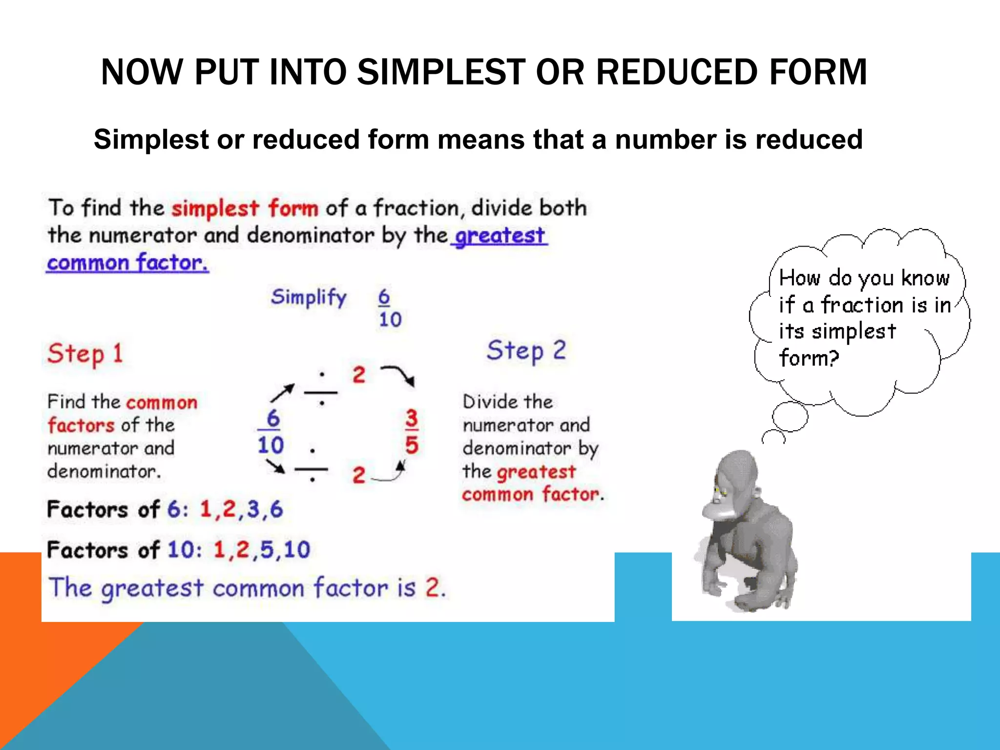 Now put into simplest or reduced formSimplest or reduced form means that a number is reduced