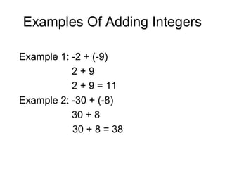 Examples Of Adding Integers Example 1: -2 + (-9) 2 + 9 2 + 9 = 11 Example 2: -30 + (-8) 30 + 8   30 + 8 = 38 