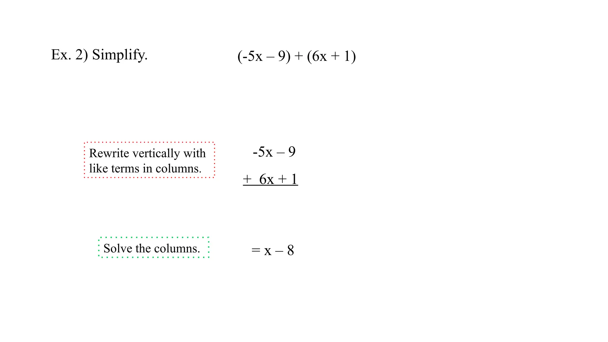 Ex. 2) Simplify. (-5x – 9) + (6x + 1)
= x – 8
Rewrite vertically with
like terms in columns.
Solve the columns.
-5x – 9
+ 6x + 1
 