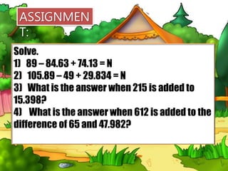 ASSIGNMEN
T:
Solve.
1) 89 – 84.63 + 74.13 = N
2) 105.89 – 49 + 29.834 = N
3) What is the answer when 215 is added to
15.398?
4) What is the answer when 612 is added to the
difference of 65 and 47.982?
 