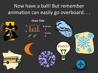 Now have a ball! But remember
animation can easily go overboard. . .
            Chart Title
        5                 Series
                          1
        0
                          Series
                          2



                                   BINGO!!
 
