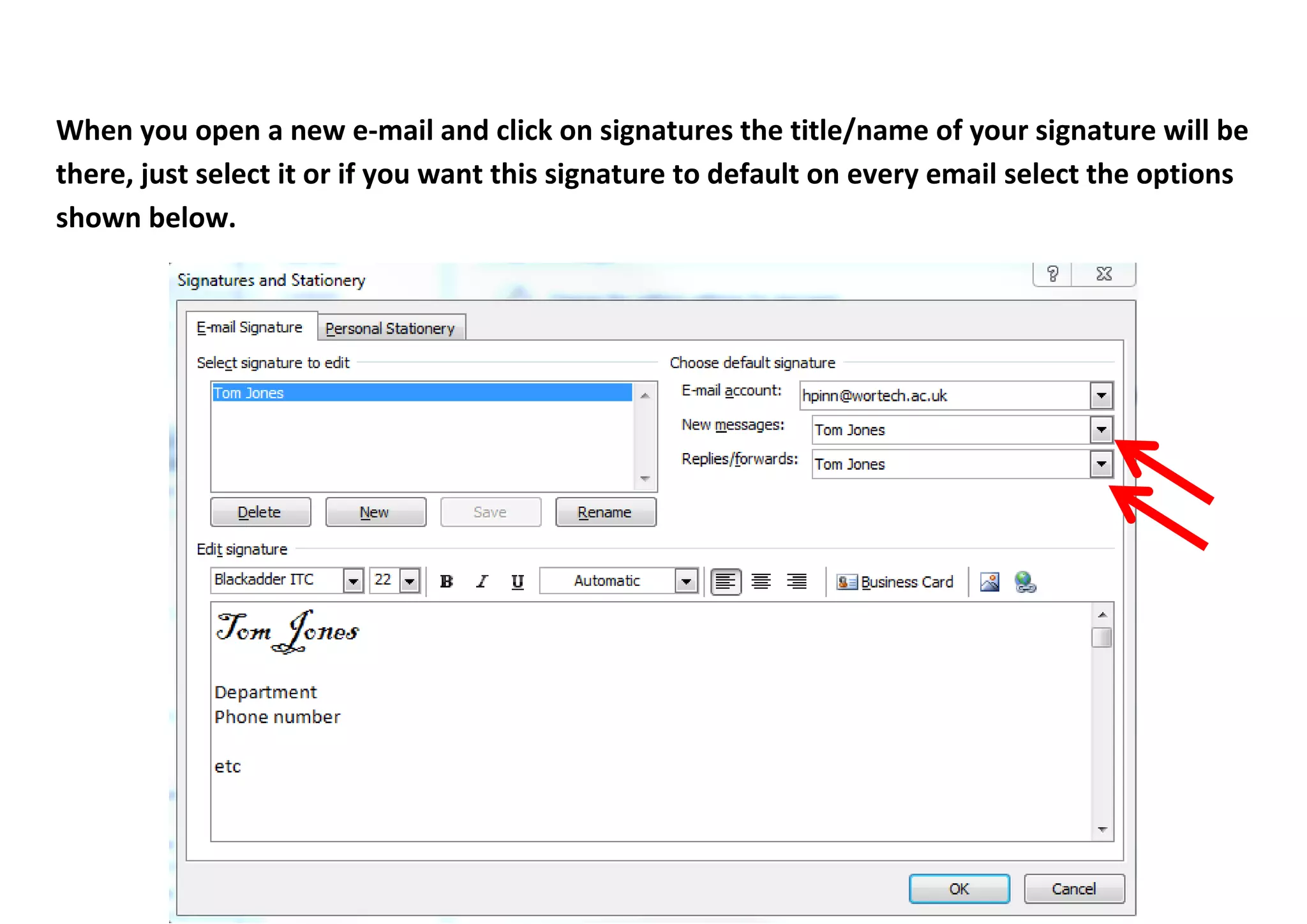When you open a new e-mail and click on signatures the title/name of your signature will be there, just select it or if you want this signature to default on every email select the options shown below.