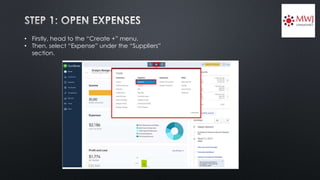 • Firstly, head to the “Create +” menu.
• Then, select “Expense” under the “Suppliers”
section.
 